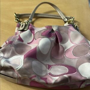 Coach Tan and Purple Shoulder Bag with Signature Monogram